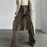 fall outfits 2024 Retro Street Style Loose Low Waist Leopard Print Trousers Cotton Wide Leg Pants Casual Pants for Women