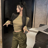 casual fall outfits 2024 Hot Girl New Army Green Simple Slim Bottoming T-shirt High Waist Casual Pocket Overalls for Women