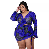 birthday outfit Printed Suit Drawstring Long Sleeve plus Size Polyester Mesh Printed Sexy Nightclub Two-Piece Set