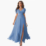 dress Ruffle Sleeve Slit Chiffon Bridal Shower Dress Long V-neck Formal Chiffon Maxi Dress Cocktail Party Evening Dress