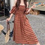 autumn dress Retro Contrast Color Plaid Stitching Wooden Ear Square Collar Puff Sleeve Dress Women's 2024 Western Style Dress