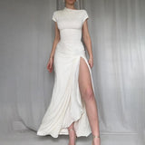 dress 2024 Graduation ceremony outfit Slim Fit Long Dress Style Sexy Tight Waist Twisted Split Short Sleeve Dress