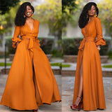 Bomve 2024 fall fashion trends Women's Deep V Long Sleeve Waist Solid Color Cardigan Dress Long Dress