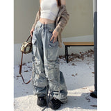 y2k outfits Heavy Industry Punk Style Multi-Pocket Wide-Leg Mopping Jeans Washed Gradient High Waist Loose Pants