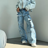 Bomve y2k outfits American-Style Washed Distressed Multi-Pocket Straight Stitching Workwear Jeans Casual Tassel Trousers Loose Wide-Leg Trousers