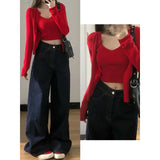 fall outfits 2024 American-Style Washed Dark Blue Denim Wide-Leg Pants Women's Autumn High Waist Loose Mop Straight Long Pants