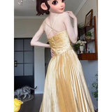 gold dress Golden Velvet Dress Sling Pleated 2024 Autumn and Winter New Socialite Fashion Elegant Elegant High-End Light Luxury