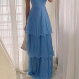 blue dress Fashion Elegant Dress 2024 Summer Sexy Sleeveless Multi-Layer Pleated Solid Color Dress