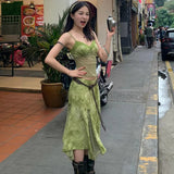 boho American-Style Retro Green Tie-Dyed Jacquard Sling Mesh Stitching Top Half-Length Midi Dress Summer New Two-Piece Set