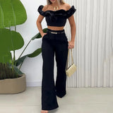 men’s fashion 2024 Summer New Women's Clothing Solid Color off-the-Neck Navel Top Sweet and Spicy Style Two-Piece Set