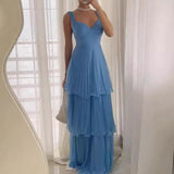 blue dress Fashion Elegant Dress 2024 Summer Sexy Sleeveless Multi-Layer Pleated Solid Color Dress