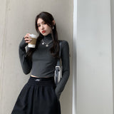 fall street style Black Short Half Turtleneck Bottoming Shirt Women's Long Sleeve Spring and Autumn Inner Tight Cotton Slim-Fit Super Slimming Navel Top