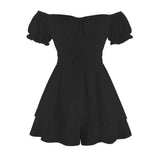 birthday outfit Spring and Summer New Pure Color Women's Ruffled off-the-Neck Short Sleeve Jumpsuit Mini Dress