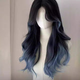 calico hair Wig Female Butterfly Blue Paris Painting Dyed Gradient Atmosphere Long Curly Hair Eight-Character Bangs Simulation Hair Full Head Cover New