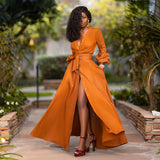 2024 fall fashion trends Women's Deep V Long Sleeve Waist Solid Color Cardigan Dress Long Dress