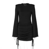 black sweater dress outfit 2024 Black Friday Cyber ​​Monday Christmas Autumn Fashion Hot Girl Bell Sleeve round Neck Drawstring Short Sheath Dress