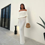 white dress Autumn Beach Vacation Sexy Long Dress Knitted Backless off-Neck Dress Blouse for Women