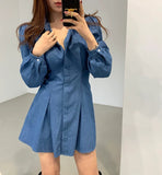 dress shirt 2024 Korean Chic Autumn New Polo Collar Solid Color Tight Waist Long Sleeve Shirt Dress Women