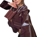 cute outfits fall Glossy Short Jacket Skirt Suit Advanced Waist-Tight Leather Skirt Suit