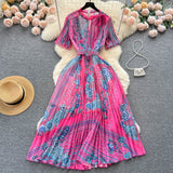 boxer costume Elegant Hollow round Neck Bow Print Dress Waist-Tight Elegant Chiffon Pleated Skirt