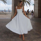 white dress Solid Color Square Collar Sleeveless Sling Long Fashion Women's Clothing Dress