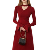 winter outfits Black Friday Christmas Thanksgiving French Style Red Knitted Dress Women's Autumn and Winter Half Turtleneck Hollow-out Slim Sweater Dress