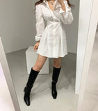 dress shirt 2024 Korean Chic Autumn New Polo Collar Solid Color Tight Waist Long Sleeve Shirt Dress Women