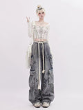 y2k Street Fun Graffiti Multi-Pocket Workwear Jeans Women's Spring High Waist Loose Slimming Wide Leg Mopping Pants