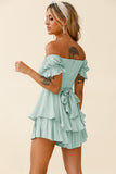 birthday outfit Spring and Summer New Pure Color Women's Ruffled off-the-Neck Short Sleeve Jumpsuit Mini Dress