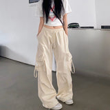 outfit ideas for school Fall street style Retro Straight Wide-Leg Pants Large Pocket Hip Hop Street Casual Pants White