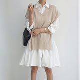 2000s fashion Spring 2024 Korean Style Drop-Shoulder Lantern Sleeve Stitching Large Skirt Shirt Dress + Knitted Vest