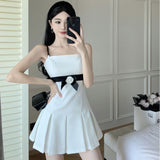 dress to impress Fashion Hot Girl Sexy A- line Pleated Skirt Chanel Style Contrast Color Waist Tight Strap Tube Top Dress X5779