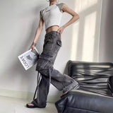 leapord Winter outfit Chic 2024 High Waist American Workwear Jeans Women's Casual Straight Pants Multi-Pocket 