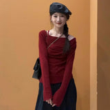 guys in skirts Casual Maxi Skirt Outfit Winter off-Shoulder Knitted T-shirt Women's Autumn Top Red 