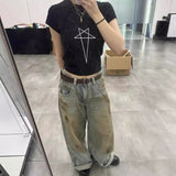 90s streetwear New Retro Dirty Dyed Blue Wide Leg Straight Pants Faded Distressed Casual Mopping Low Waist Jeans for Women 