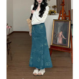 grunge outfits Versatile Niche Design Printed Women's Denim Skirt French Retro Dress