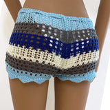 Bomve-Women Summer 2000s Aesthetic Hollow Out Knitted Shorts Patchwork Color Crochet See Through Cover Ups Shorts Bottoms Beachwear