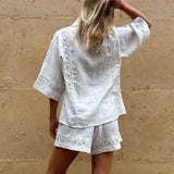 Bomve-Elegant Lace Casual Solid Two Piece Outfits Shorts Sets Lace Up Hollow Half Sleeve Hollow Shirts+Loose Shorts Matching Suits