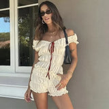 Bomve Short 2 Piece Sets Womens Outfits 2024 Ruffle Lace Up Crop Top Woman Slim Shorts Sets For Women Holiday Beach Short Suits