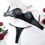 Bomve- Chain Strap Sheer Bra + Panty Underwear Set Women 2-Piece Sexy Erotic Set Transparent Intimates