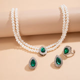 3Pcs Elegant Exquisite Green Rhinestone Imitation Pearl Chain Necklace Stud Earrings for Women Goth Engagement Rings Jewelry Set