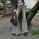 Bomve Fashion Street Women Boot Cut Frayed Jeans Y2K Vintage Denim Flare Pants Grunge Stylish Autumn Slim Fit Trousers