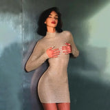 Bomve Mesh Turtle Neck Slim Fit Mini Dress Women's Solid Color Long Sleeve High Waist Party Dress Elegant Patchwork Mini Dress