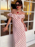 Bomve-2024 Polka Dot Ruffles Bandage Maxi Dress Women Off Shoulder Slim Elegant Party Dress Summer Beach Holiday Sundresses