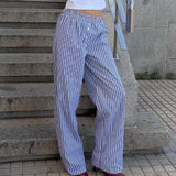 Bomve-y2k Aesthetic for Women Spring Striped Print Elastic Waist Drawstring Wide Leg Long Pants Vintage Streetwear Trousers Pants