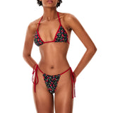 Bomve Women Two Piece String Bikini Set Floral Leopard Print Halter Side Tie Triangle Thong Swimsuits Bathing Suit