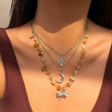 Bomve 3Pcs Boho Yellow Stone Chain Necklace for Women 2024 Trendy Goth Big Tree Dragonfly Moon Pendant Choker Y2K Jewelry New