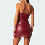 Bomve Women Y2k Leather Two Piece Mini Skirt Set Sexy Strapless Front Zipper Tube Tops Bodycon Mini Skirt Matching Outfit