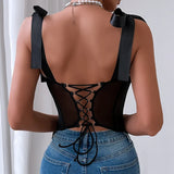 Bomve- Sequin Spaghetti Strap Top Women Backless Top Summer Black Bow Sexy Top Club