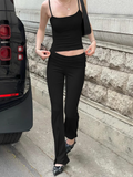 Bomve Fold Over Flare Pants Set Women Solid Backless Slim Crop Tank Top Trousers Slim Leisure Suit Fashion Street Hottie Outfit